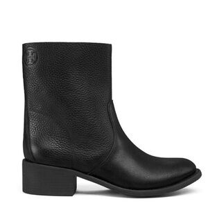 Tory Burch Siena Black Leather Pull On Boots Booties Embossed TB Emblem Sz. 9